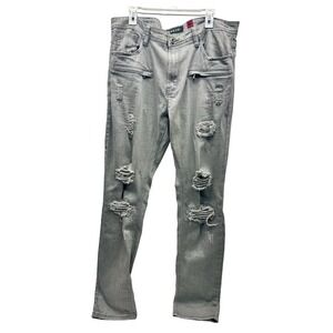 Makobi Moto Jeans Mens Size 38x34 Distressed Biker Motorcycle Stretch Gray‎